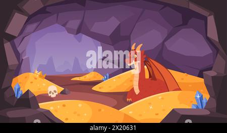 Dragon cave. Magical red dragon guards glittering gold coins piles in mysterious treasure cave. Fantasy vector illustration of dragon fantasy magic Stock Vector