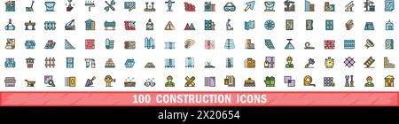 100 construction icons set. Color line set of construction vector icons thin line color flat on white Stock Vector