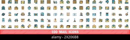 100 mail icons set. Color line set of mail vector icons thin line color flat on white Stock Vector