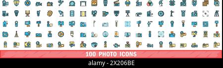 100 photo icons set. Color line set of photo vector icons thin line color flat on white Stock Vector