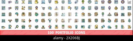 100 portfolio icons set. Color line set of portfolio vector icons thin line color flat on white Stock Vector