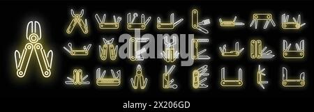 Multitool icons set outline vector. Multifunctional knife. Army blade neon color on black Stock Vector