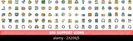 100 support icons set. Color line set of support vector icons thin line color flat on white Stock Vector