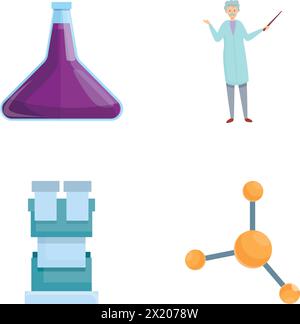 Chemistry icons set cartoon vector. Man scientist in laboratory. Science concept Stock Vector