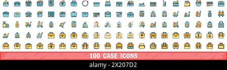 100 case icons set. Color line set of case vector icons thin line color flat on white Stock Vector