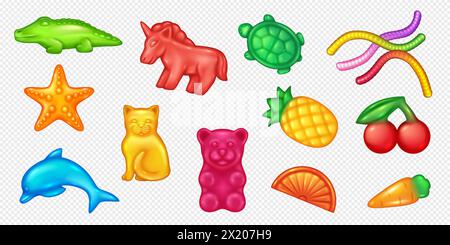 Animal shaped jelly sweets 3d realistic vector illustration set. Healthy candies creative design. Desserts objects on transparent background Stock Vector