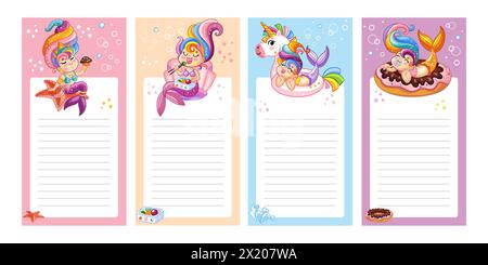 Cute Funny Mermaids Note Pad Set Vector Illustration. Kids Schedule 