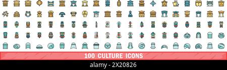 100 culture icons set. Color line set of culture vector icons thin line color flat on white Stock Vector