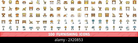 100 furnishing icons set. Color line set of furnishing vector icons thin line color flat on white Stock Vector