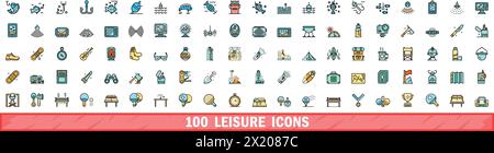 100 leisure icons set. Color line set of leisure vector icons thin line color flat on white Stock Vector
