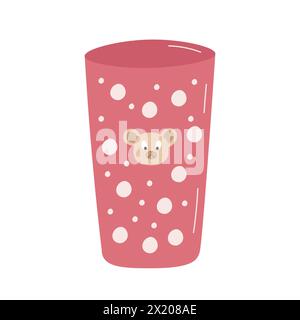 Kids tableware with bear head. Childrens pink polka cup glass and bear head on white background. Vector flat illustration Stock Vector
