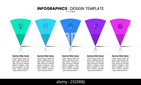 Infographic template with icons and 5 options or steps. Standing triangles. Can be used for workflow layout, diagram, banner, webdesign. Vector illust Stock Vector