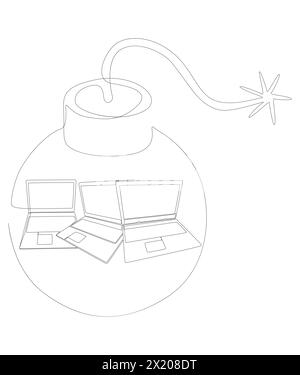 One continuous line of Laptop with Bomb. Thin Line Illustration vector concept. Contour Drawing Creative ideas. Stock Vector