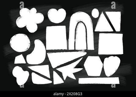 Texture white chalk geometric shapes and stains on black chalkboard background. Isolated hand drawn doodles. Vector illustration Stock Vector