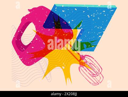 Risograph mixer with geometric shapes. Objects in trendy riso graph print texture style design with geometry elements. Stock Vector