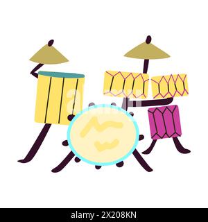 Yellow and purple drums set vector design. Drum kit in flat style vector illustration isolated. Drum set with cymbals musical instruments, clipart. Pe Stock Vector