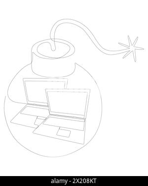One continuous line of Laptop with Bomb. Thin Line Illustration vector concept. Contour Drawing Creative ideas. Stock Vector