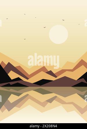 Seaside and mountains landscape illustration poster. Flying birds in the morning sky. Minimalistic modern vector terracotta cartoon. Trendy contempora Stock Vector
