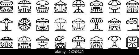 Outdoor cafe umbrella icons set outline vector. Street food. Cafeteria table Stock Vector