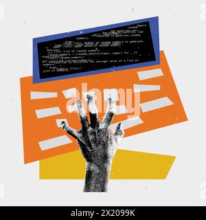 Vector illustration. Contemporary art collage. Male hand fast typing on keyboard, developing code, securing information. Stock Vector