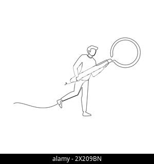 Continuous line drawing businessman searching data using huge magnifying glass. Business data search and analysis for a solution illustration and conc Stock Vector