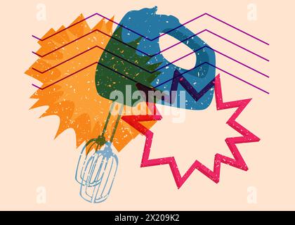Risograph mixer with geometric shapes. Objects in trendy riso graph print texture style design with geometry elements. Stock Vector