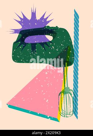 Risograph mixer with geometric shapes. Objects in trendy riso graph print texture style design with geometry elements. Stock Vector