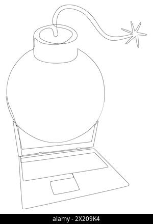 One continuous line of Laptop with Bomb. Thin Line Illustration vector concept. Contour Drawing Creative ideas. Stock Vector