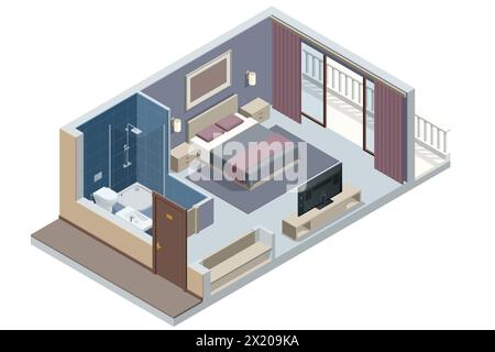 Isometric Modern Bedroom Suite in Hotel. Hotel Checking in and Having Rest in Their Rooms. Enjoy the Holiday and Vacation. Mobile Application, Hotel Stock Vector