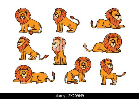 A cartoon lion is sitting on its haunches with its head down. The lion is orange and has a sad expression Stock Vector