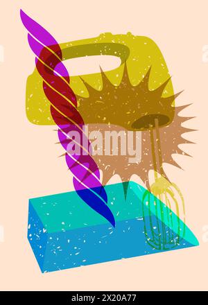 Risograph mixer with geometric shapes. Objects in trendy riso graph print texture style design with geometry elements. Stock Vector