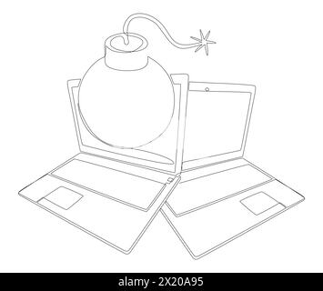 One continuous line of Laptop with Bomb. Thin Line Illustration vector concept. Contour Drawing Creative ideas. Stock Vector