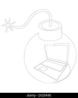 One continuous line of Laptop with Bomb. Thin Line Illustration vector concept. Contour Drawing Creative ideas. Stock Vector