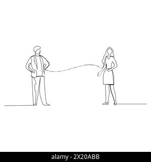 Businessman and businesswoman who holds a tab having a business discussion. Effective communication in business concept. Simple continuous line drawin Stock Vector