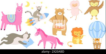 Cute animals set. Can be used as children coloring book. Stock vector illustration isolated on white in black outline style. Stock Vector