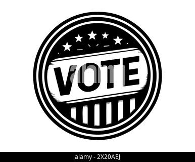 Bold VOTE emblem in circular badge design. Graphic icon with stars and stripes. Concept of democracy, elections, civic duty, political engagement. Des Stock Vector