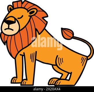 A cartoon lion is sitting on its haunches with its head down. The lion is orange and has a sad expression Stock Vector