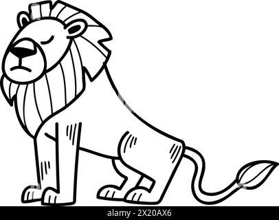 A cartoon lion is sitting on its haunches with its head down. The lion is orange and has a sad expression Stock Vector