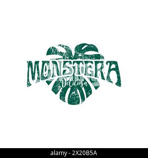 Monstera Leaf Grunge Vector Logo Design. Leaf Icon Stock Vector