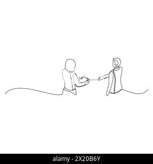 Businessman and businesswoman who holds a tab having a business discussion. Effective communication in business concept. Simple continuous line drawin Stock Vector