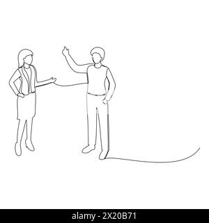 Businessman and businesswoman having a business discussion. Effective communication in business concept. Simple continuous line drawing vector illustr Stock Vector