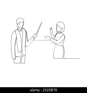 Businessman presenting to a businesswoman using a stick pointer. Effective communication in business concept. Simple continuous line drawing vector il Stock Vector