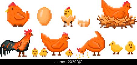 Farm chicken pixel art. Chick hatching from egg, hen on nest, rooster and baby chicks retro 8 bit video game style vector illustration set of chicken Stock Vector
