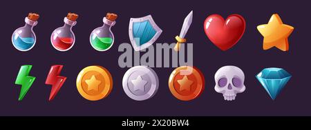 Cartoon game icons. Potion vials and magic elixirs, health heart and power lightning bolt, coins and diamond isolated vector illustration set of carto Stock Vector