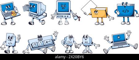 Computer code mascots. Programming characters, code file and terminal, binary keyboard, bug error, laptop and pc vector illustration set of mascot com Stock Vector