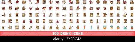 100 drink icons set. Color line set of drink vector icons thin line color flat on white Stock Vector