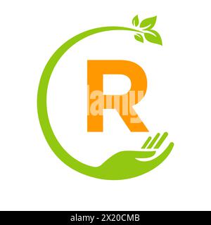 Eco Logo On Letter R Concept with Hand and Leaf Symbol. Recycle Sign Stock Vector