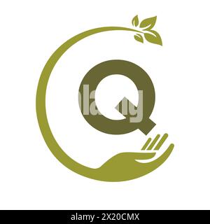 Eco Logo On Letter Q Concept with Hand and Leaf Symbol. Recycle Sign Stock Vector