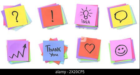 Sticky note messages. Stacked colorful adhesive notes, reminder pads with question mark, exclamation point, light bulb idea, speech bubble, growth cha Stock Vector