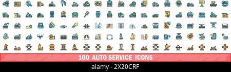 100 auto service icons set. Color line set of auto service vector icons thin line color flat on white Stock Vector